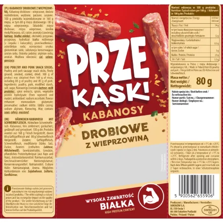 SOKOŁÓW PRZEKĄSKI Kabanosy DROBIOWE Z WIEPRZOWINĄ 80g